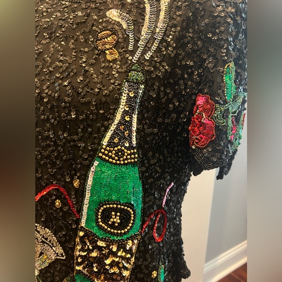 Vintage Laurence Kazar Sequined Silk Top New Year Champagne Roses Blouse EUC - Picture 2 of 10